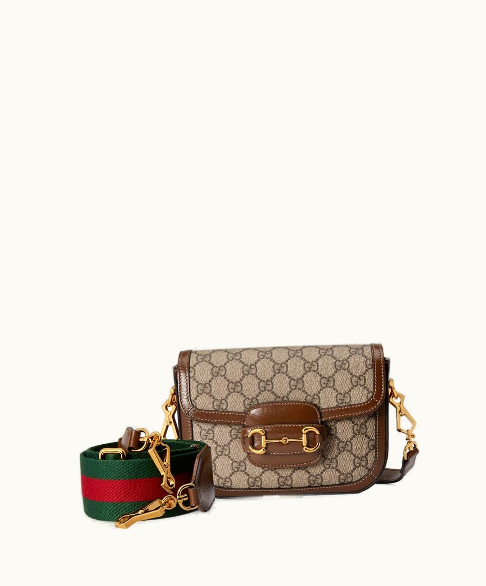Gucci Gucci Horsebit 1955 Mini Bag GG Supreme Canvas Monogram Brown Leather Web Shoulder Strap & Trim