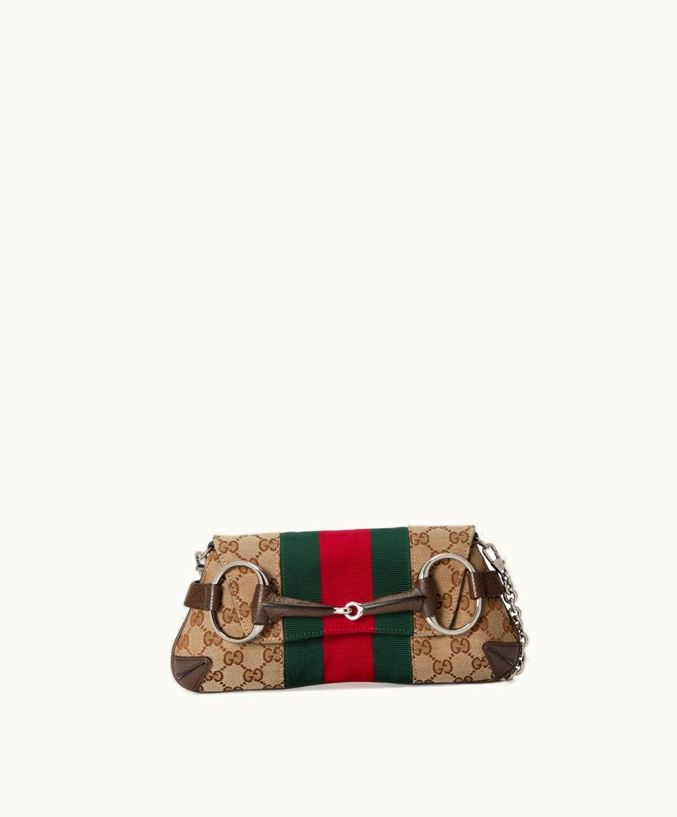 Gucci Gucci Horsebit Chain Small Shoulder Bag Beige And Ebony GG Canvas