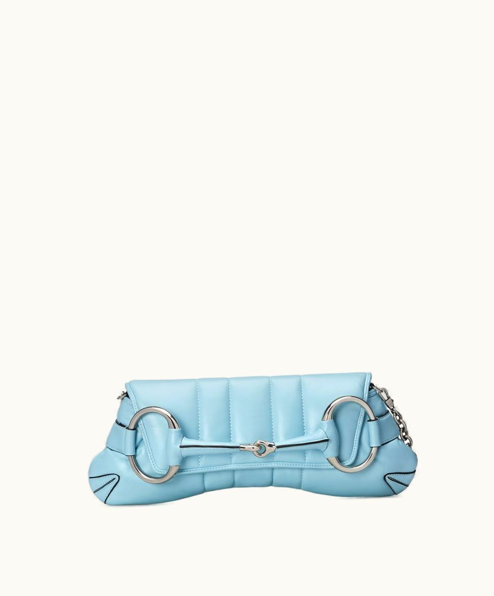 Gucci Gucci Horsebit Chain Medium Shoulder Bag Light Blue Leather
