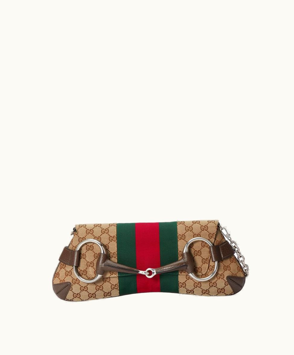 Gucci Gucci Horsebit Chain Medium Shoulder Bag Beige And Ebony GG Canvas