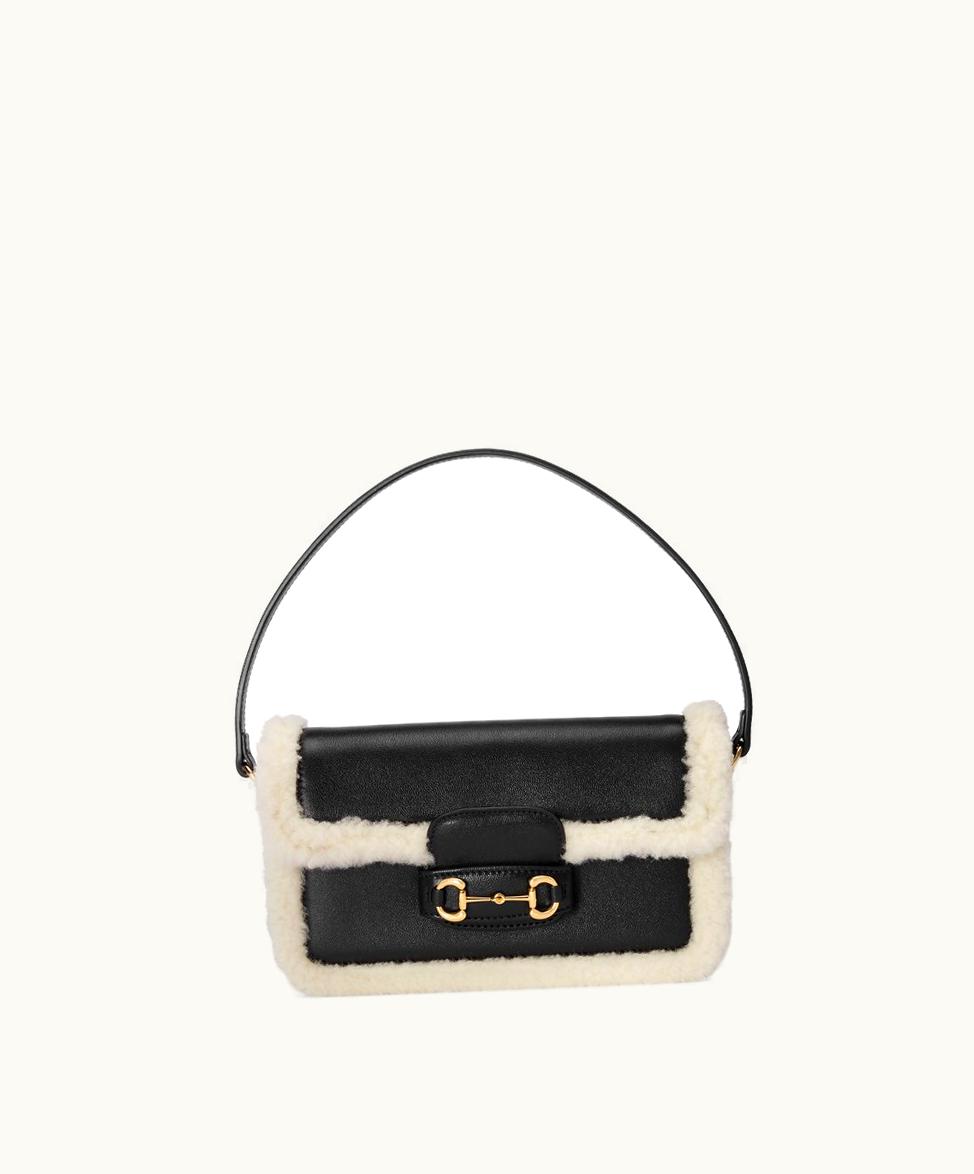 Gucci Gucci Horsebit 1955 Shearling Mini Shoulder Bag Black Leather
