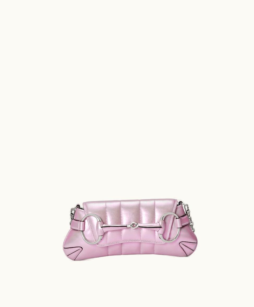 Gucci Gucci Horsebit Chain Small Shoulder Bag Pink Iridescent Leather
