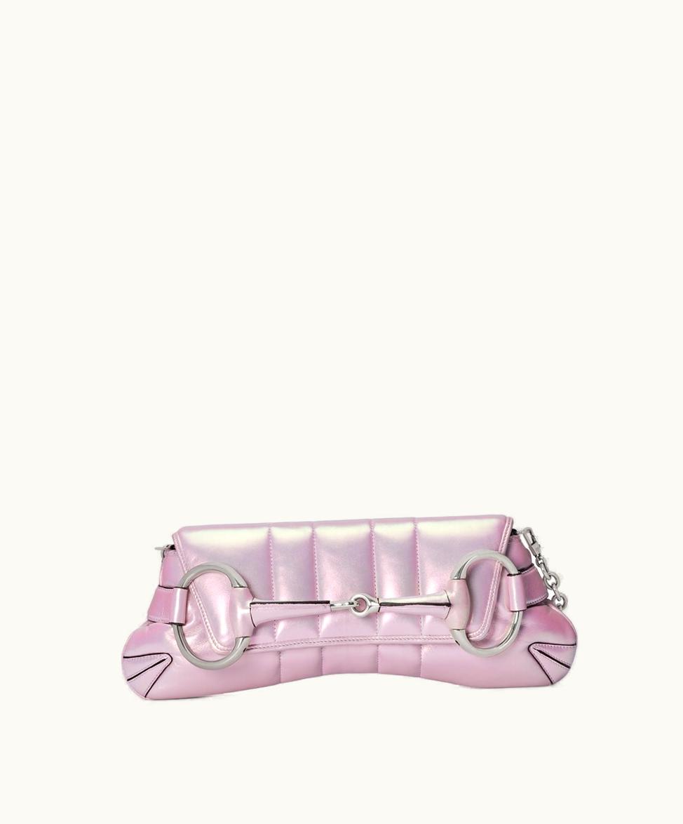 Gucci Gucci Horsebit Chain Medium Shoulder Bag Pink Iridescent Leather