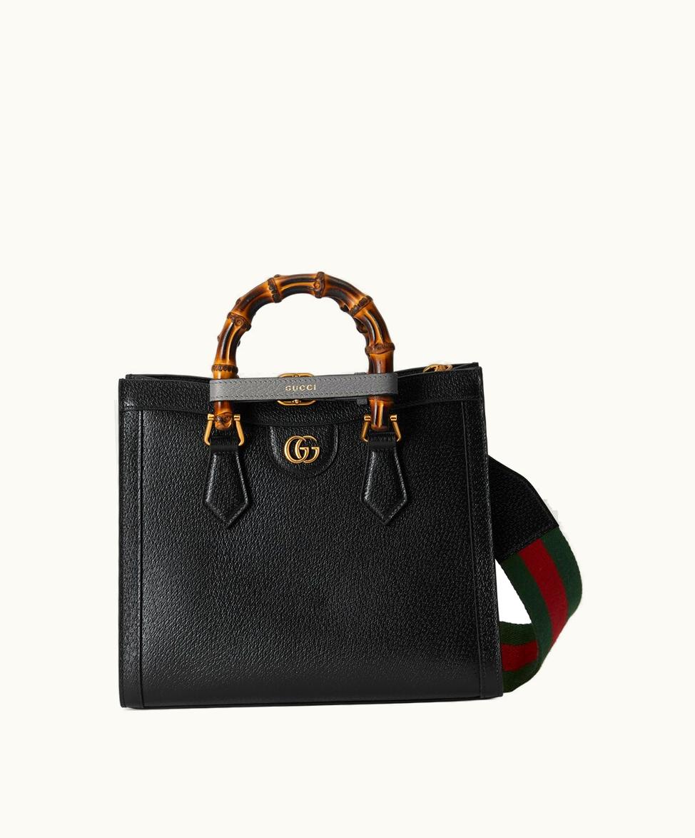 Gucci Gucci Diana Small Tote Bag Black Leather with Colorful Belt Details