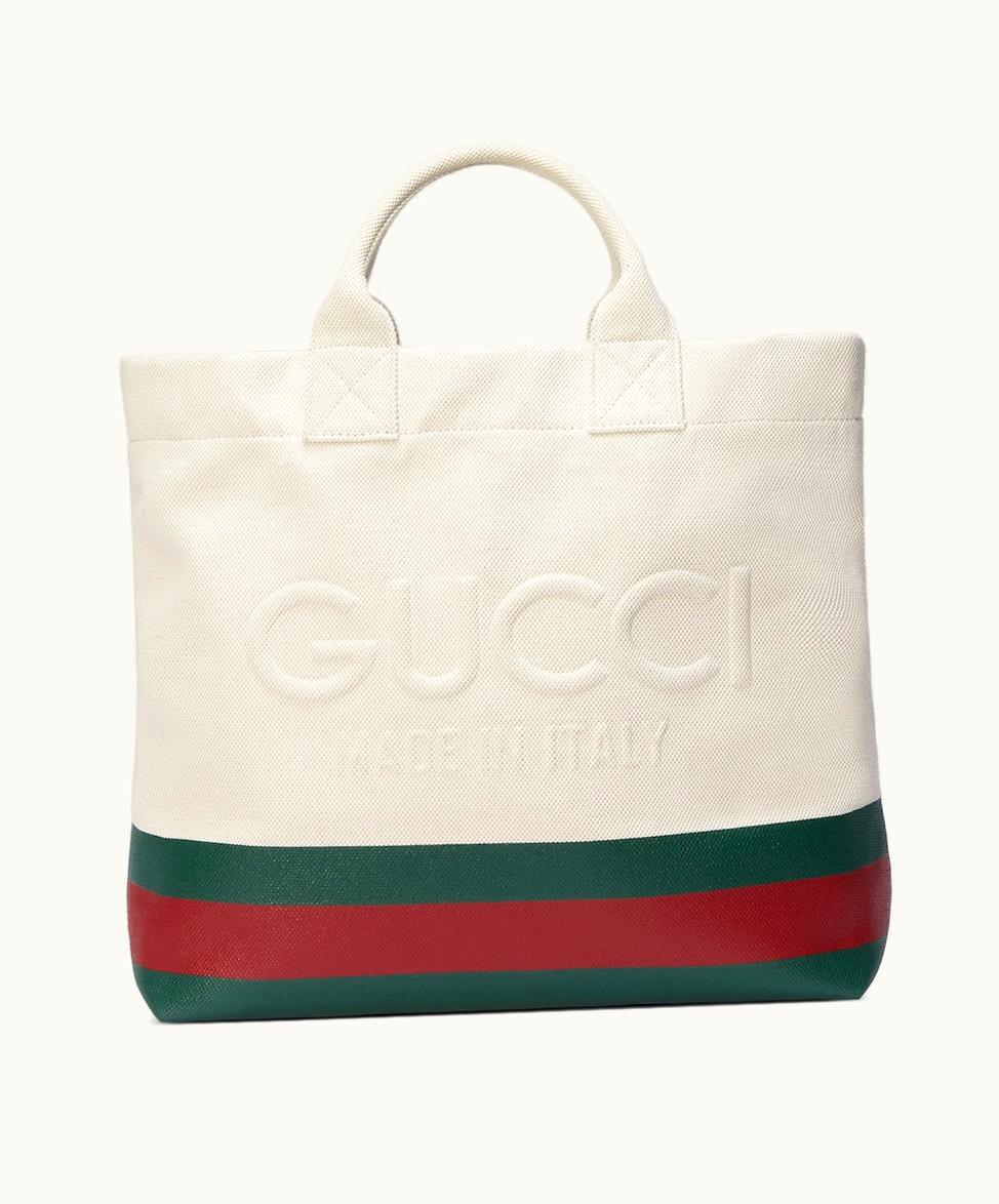 Gucci Gucci Embossed Canvas Tote Bag Natural Canvas With Web Green & Red