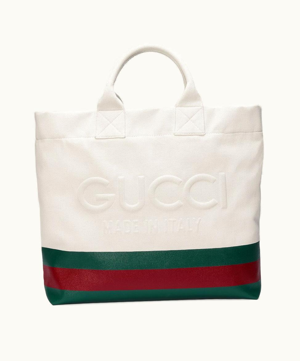 Gucci Gucci Embossed Canvas Tote Bag With Web Trim Green and Red