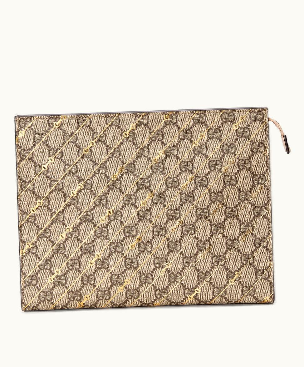 Gucci Gucci Pouch With Horsebit Print Beige And Ebony Supreme