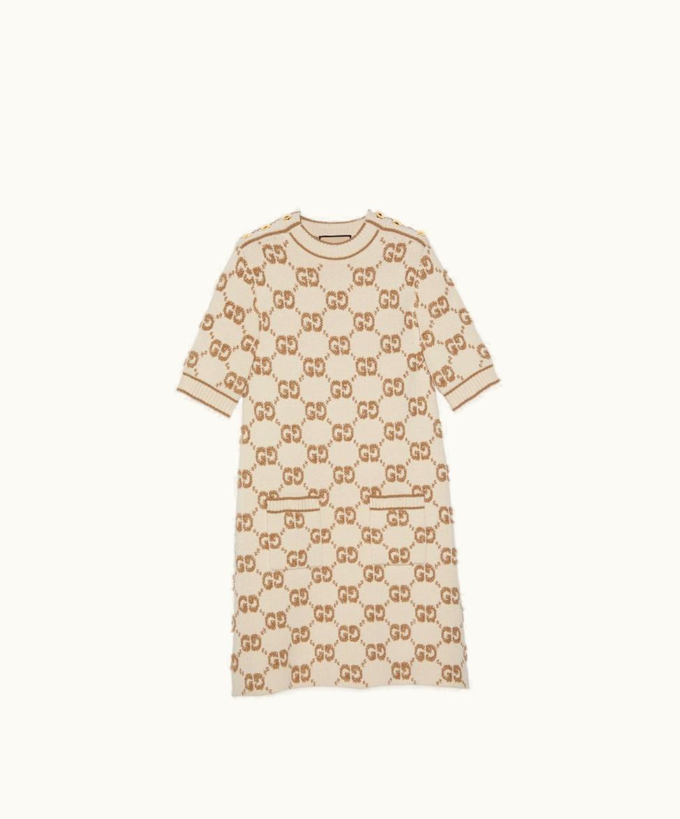 Gucci Gucci GG Wool Bouclé Jacquard Dress Ivory And Camel