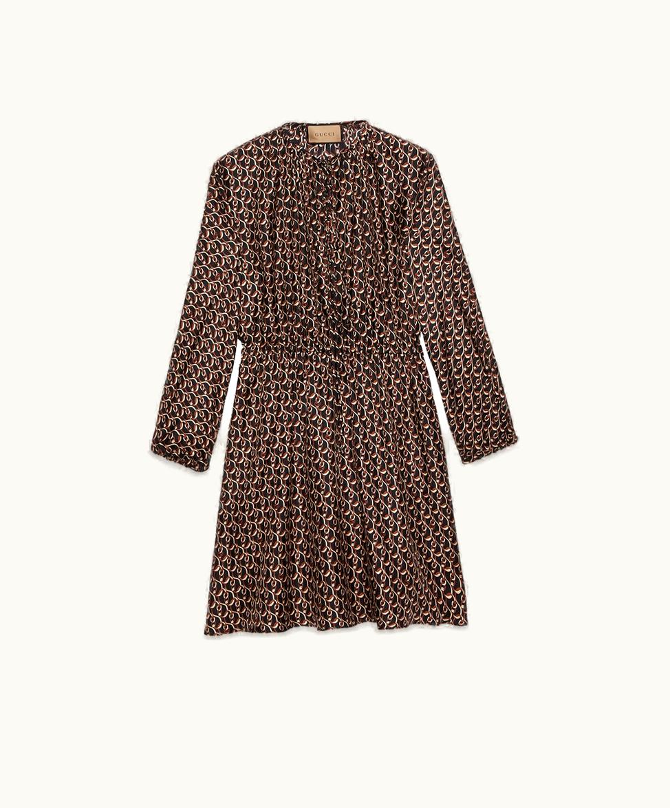 Gucci Gucci Interlocking G Chain Print Silk Dress Black And Brown