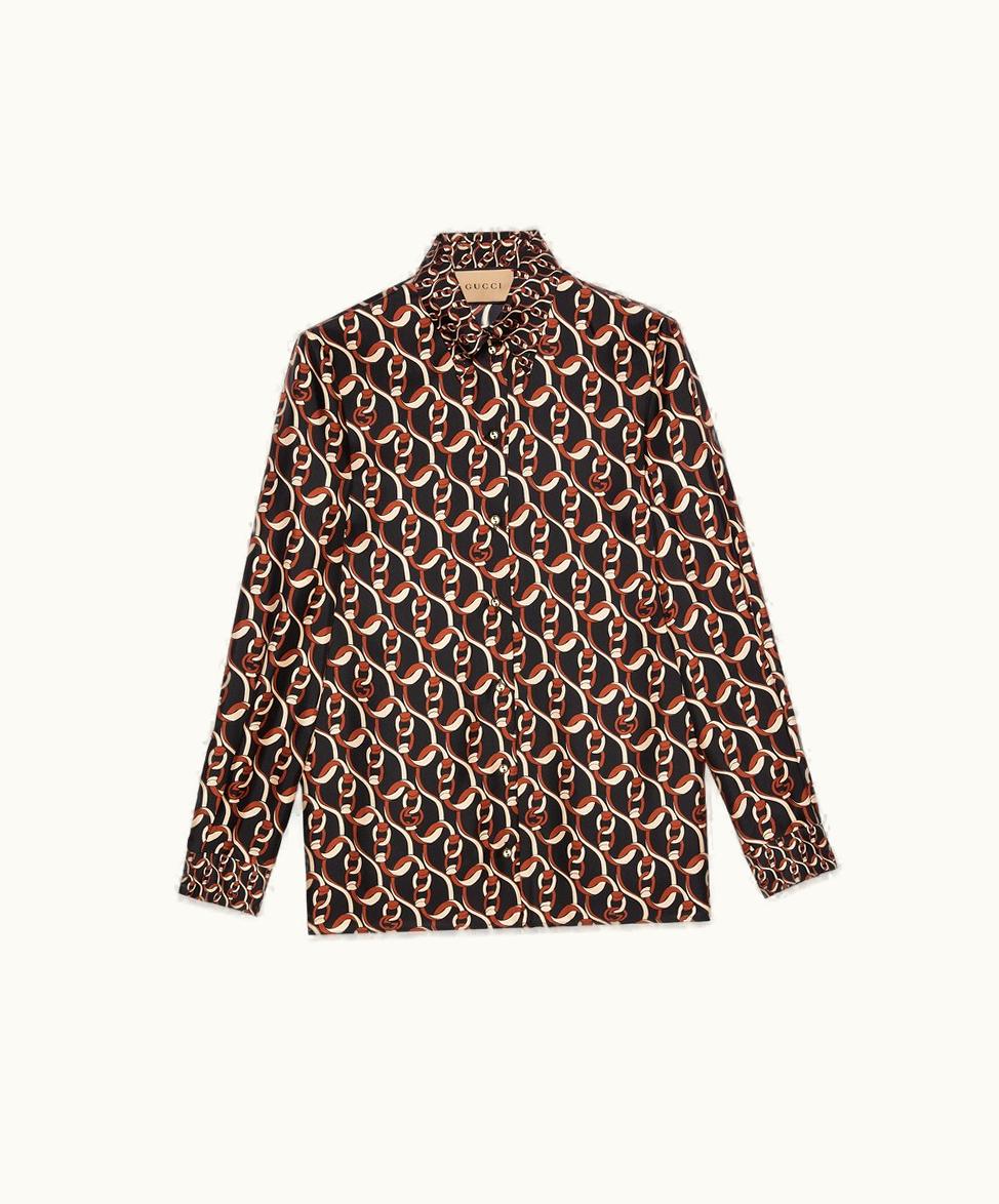 Gucci Gucci Interlocking G Chain Print Silk Shirt Black And Brown