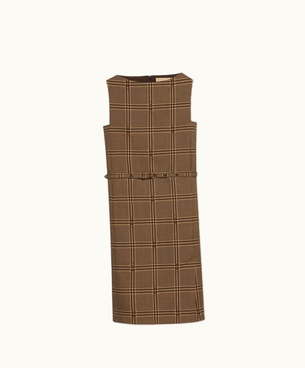Gucci Gucci Horsebit Check Wool Dress Beige And Brown