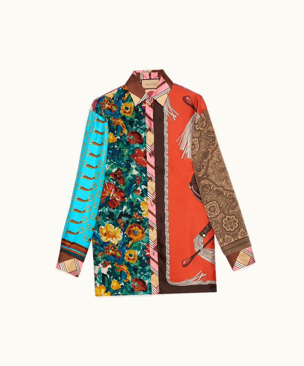 Gucci Gucci Heritage Patchwork Print Silk Shirt Multicolour