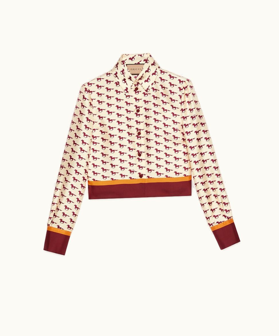 Gucci Gucci Diagonal Horses Print Silk Shirt Ivory And Red