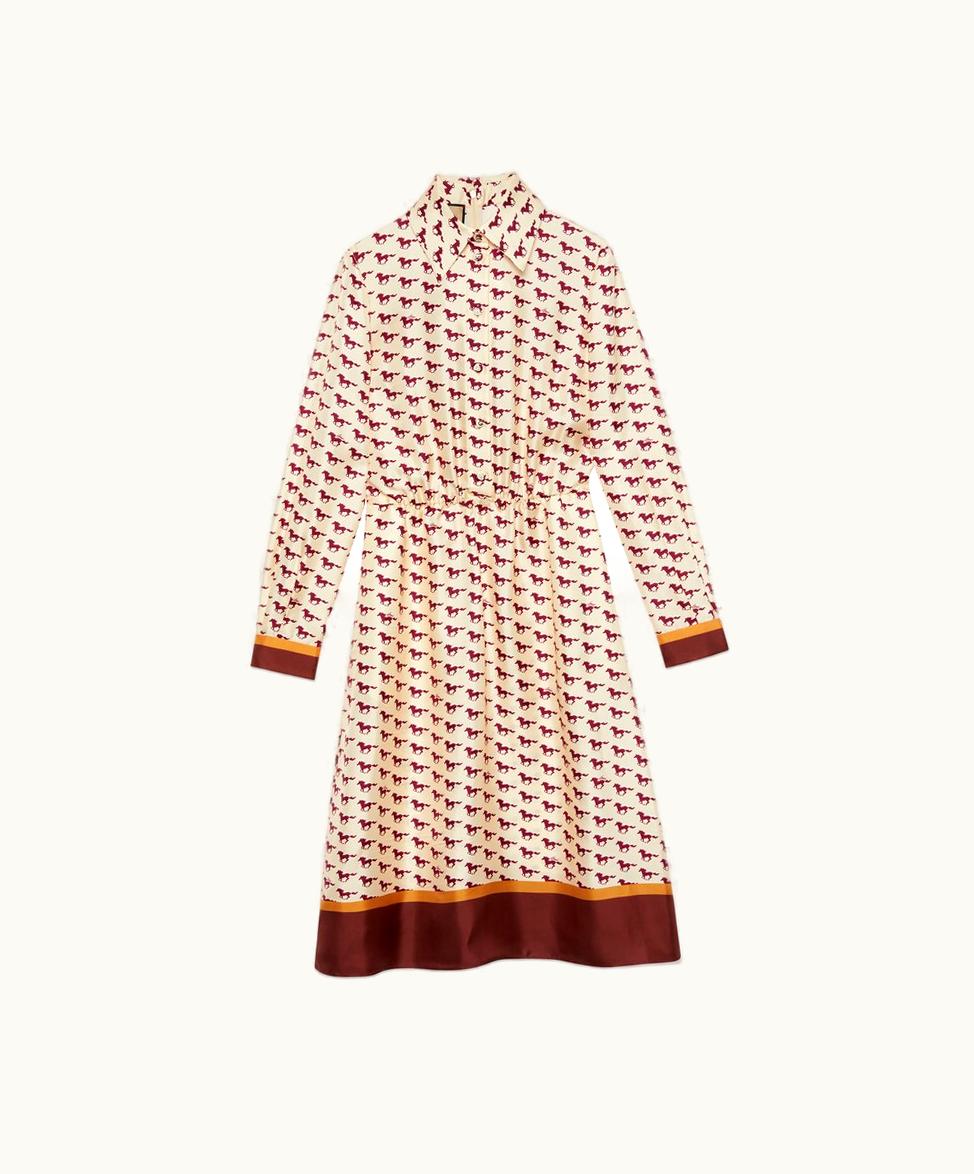 Gucci Gucci Diagonal Horses Print Silk Dress Ivory And Red
