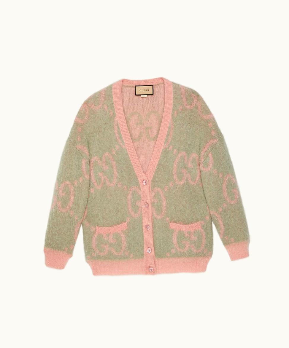 Gucci Gucci Reversible GG Mohair Cardigan Light Green And Pink