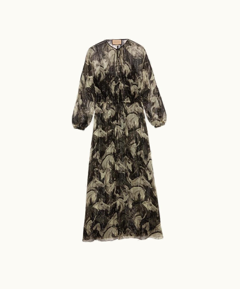 Gucci Gucci Meadow And Horses Print Silk Dress Ivory And Grey