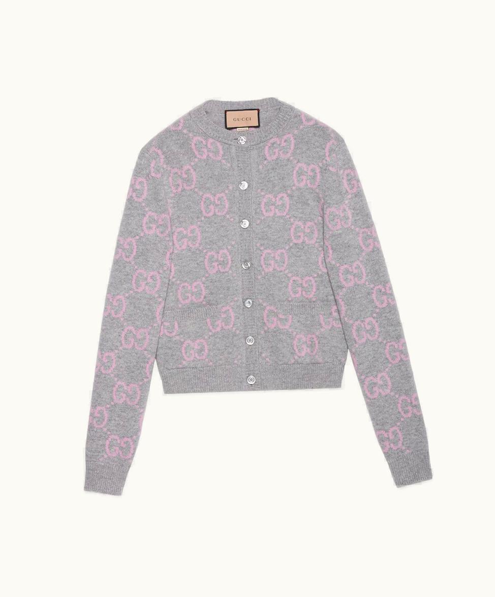Gucci Gucci GG Knit Wool Cardigan Light Grey And Pink