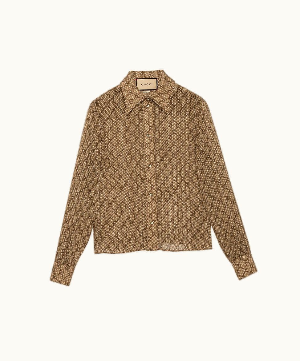 Gucci Gucci GG Damier Print Silk Shirt Beige And Ebony