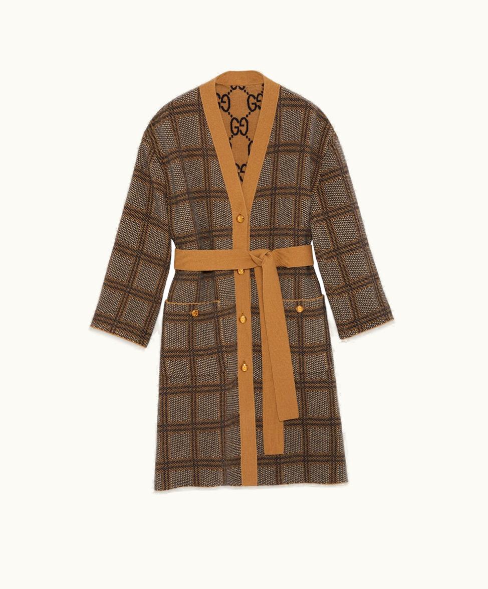 Gucci Gucci Cruise 2024 Reversible Wool Jacquard Cardigan Camel And Blue