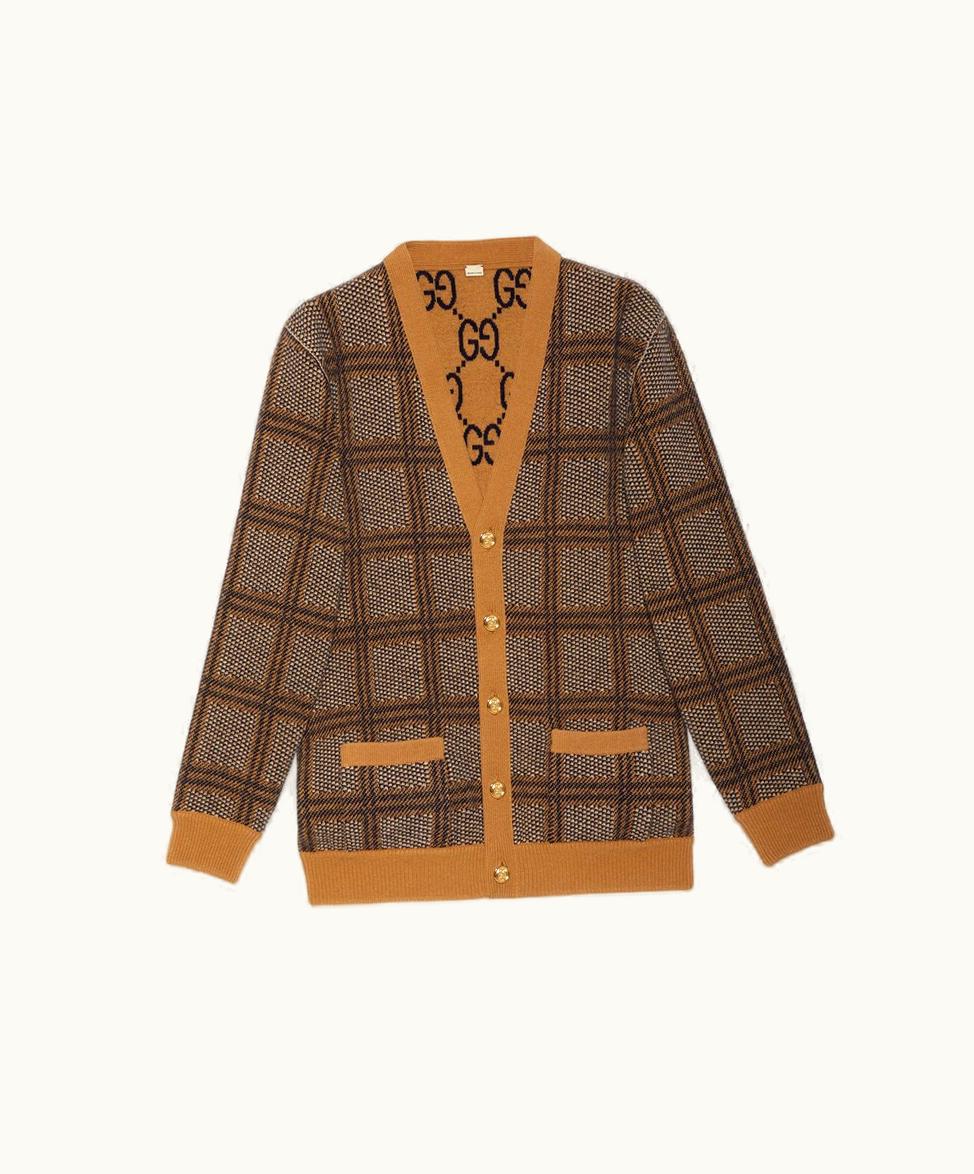 Gucci Gucci Cruise 2024 Reversible Wool Cardigan Checked and GG Camel Blue