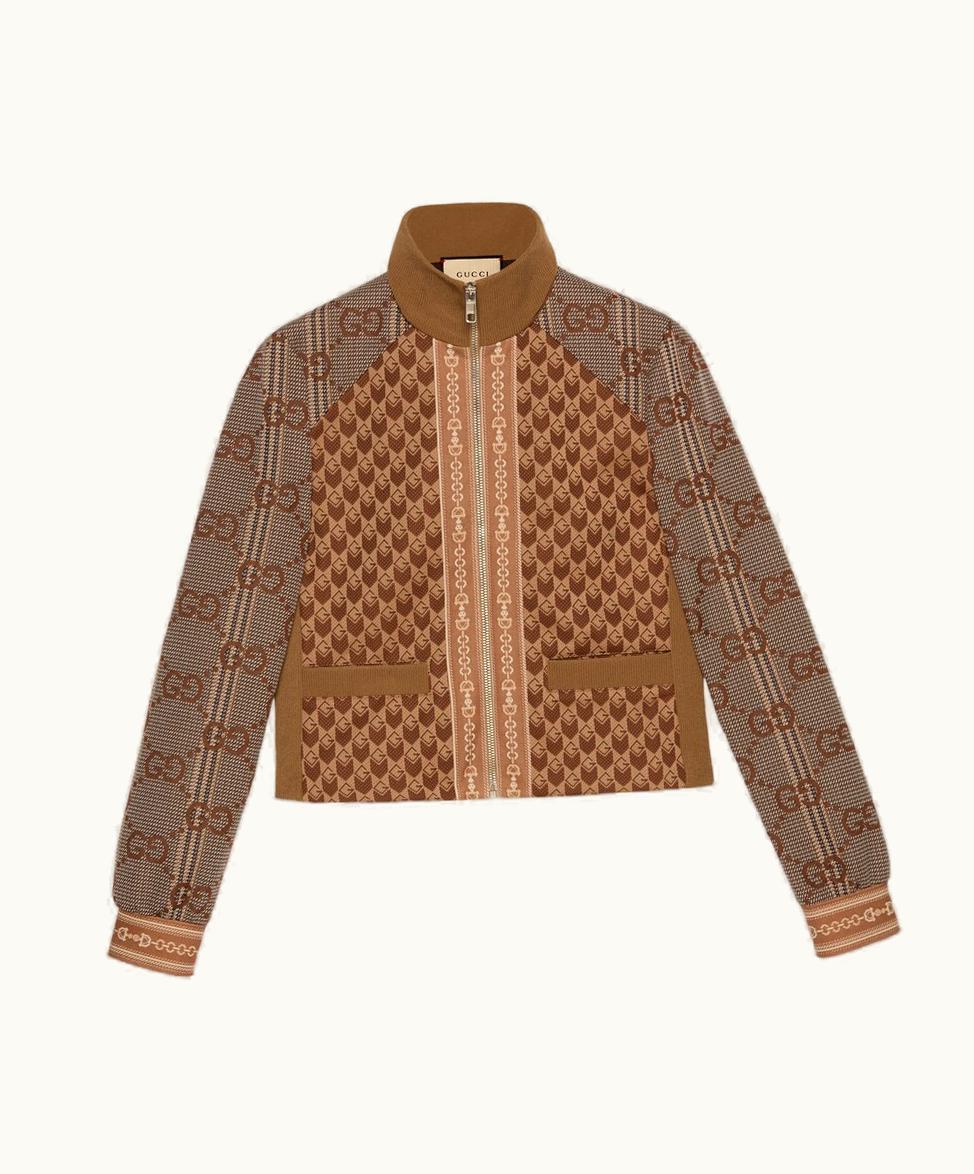 Gucci Gucci G Rhombus Jersey Jacquard Zip Jacket Camel And Brown