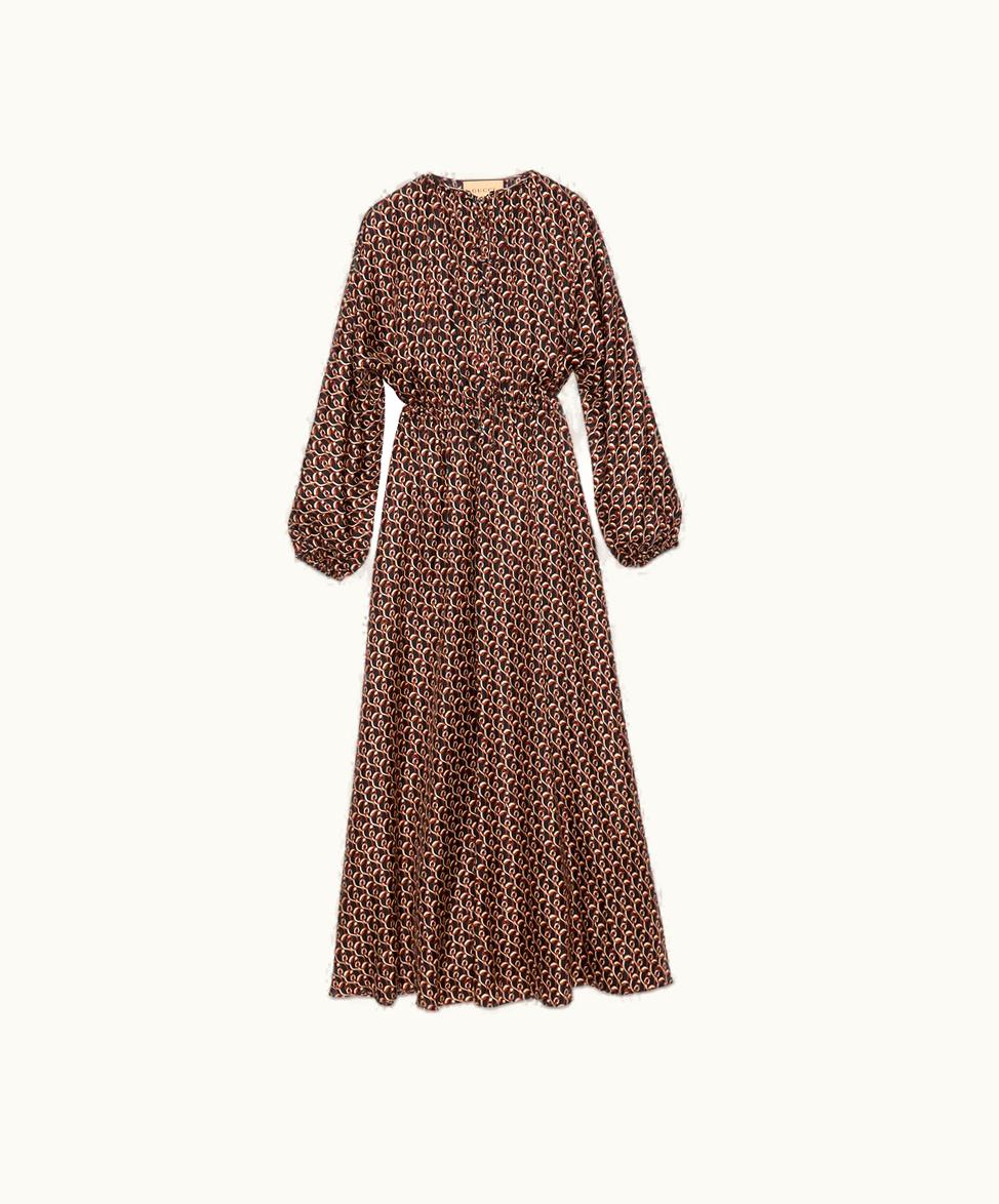 Gucci Gucci Interlocking G Chain Print Long Silk Dress Black And Brown