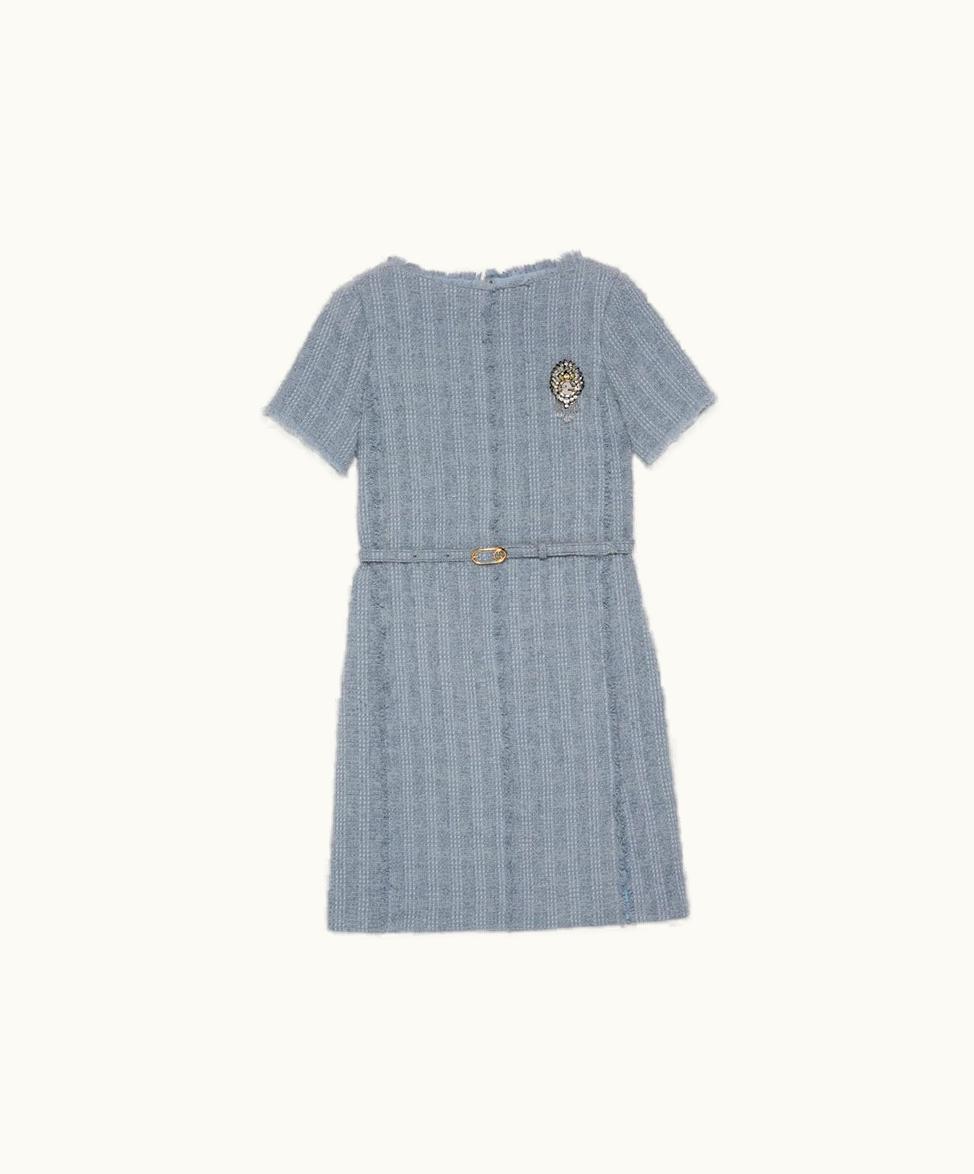 Gucci Gucci Wool Tweed Dress With Brooch Pale Blue