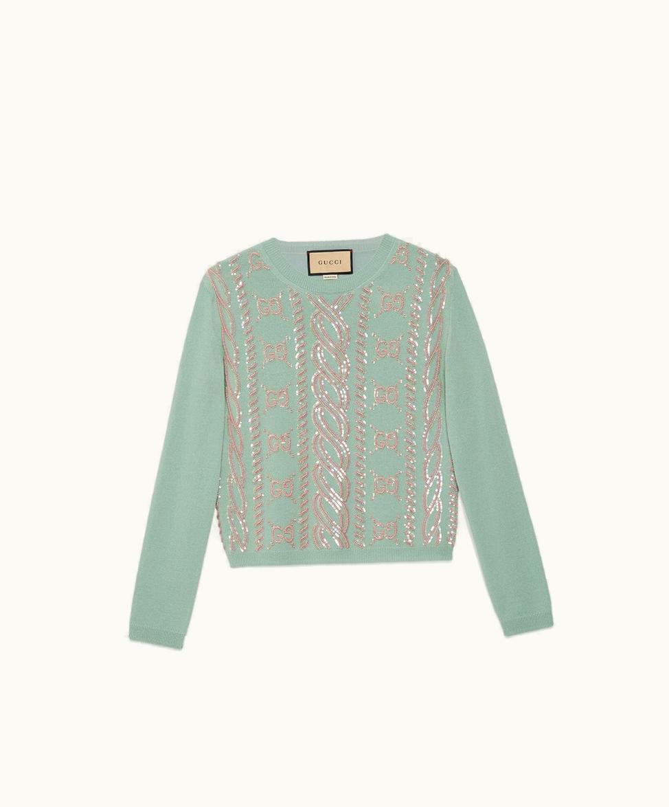 Gucci Gucci Cashmere Wool Jumper With Embroidery Light Blue