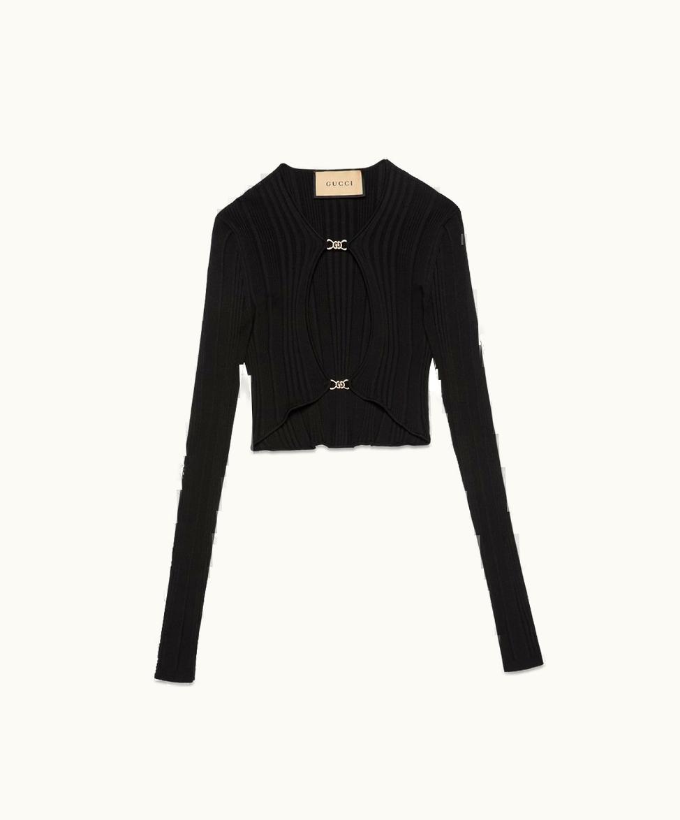 Gucci Rib Silk Viscose Cut Out Top Black