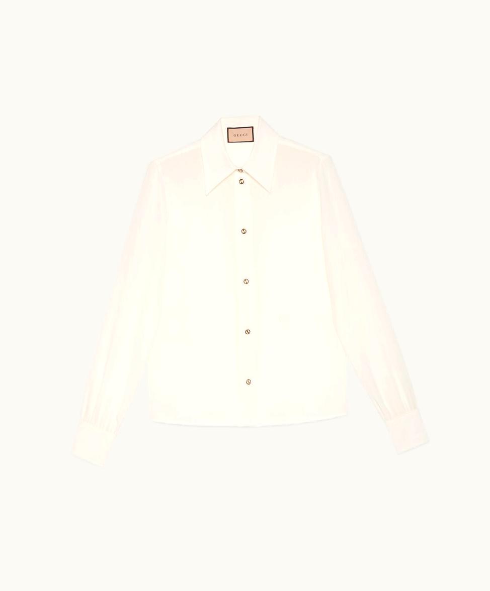 Gucci Interlocking G Embroidered Silk Crêpe De Chine Shirt Beige