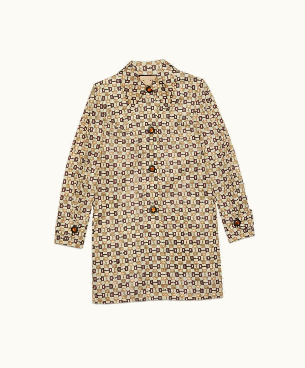 Gucci Horsebit Print Nylon Coat Ivory And Brown