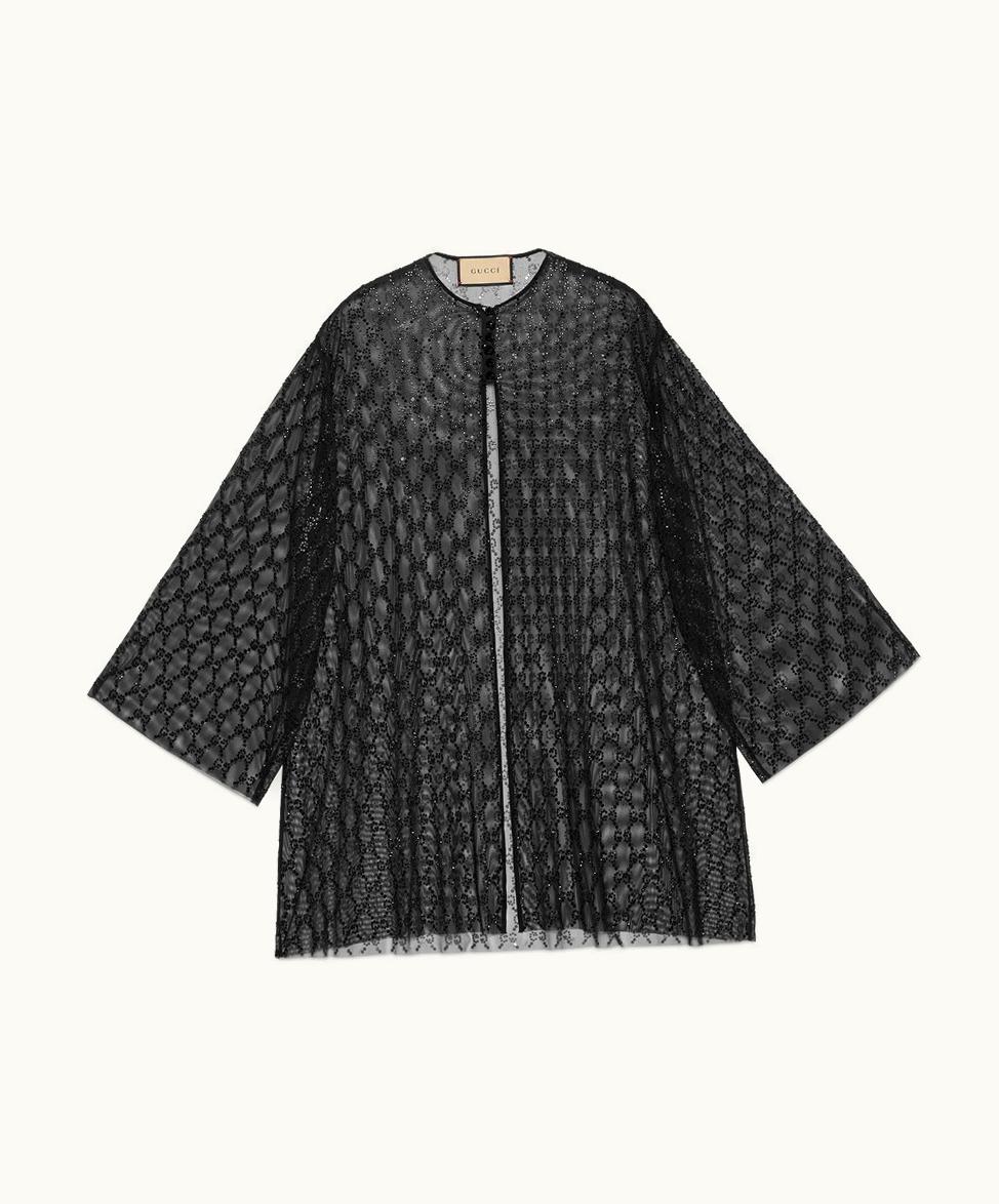 Gucci Crystal GG Stretch Nylon Tulle Shirt Black