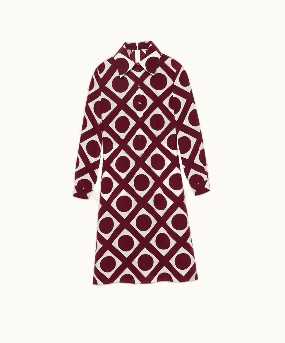 Gucci Optical Print Silk Dress Dark Red And Ivory