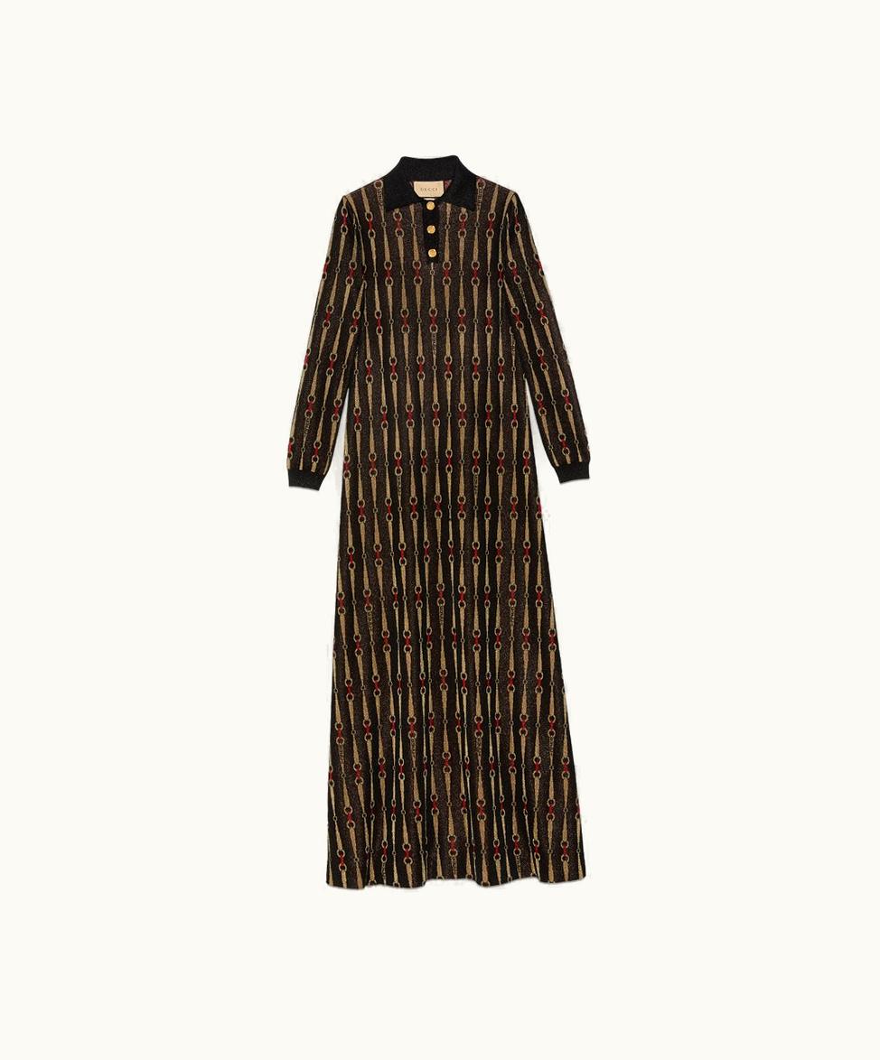 Gucci Lamé Horsebit Jacquard Polo Dress Black And Multicolour