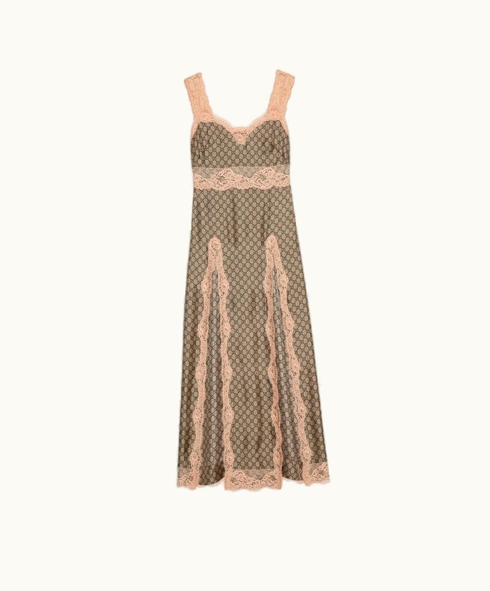 Gucci GG Supreme Print Silk Dress Beige And Ebony
