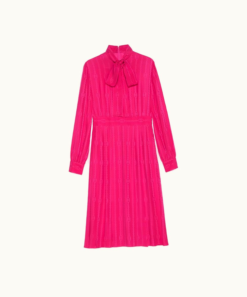 Gucci Interlocking G Chain Silk Jacquard Dress Pink