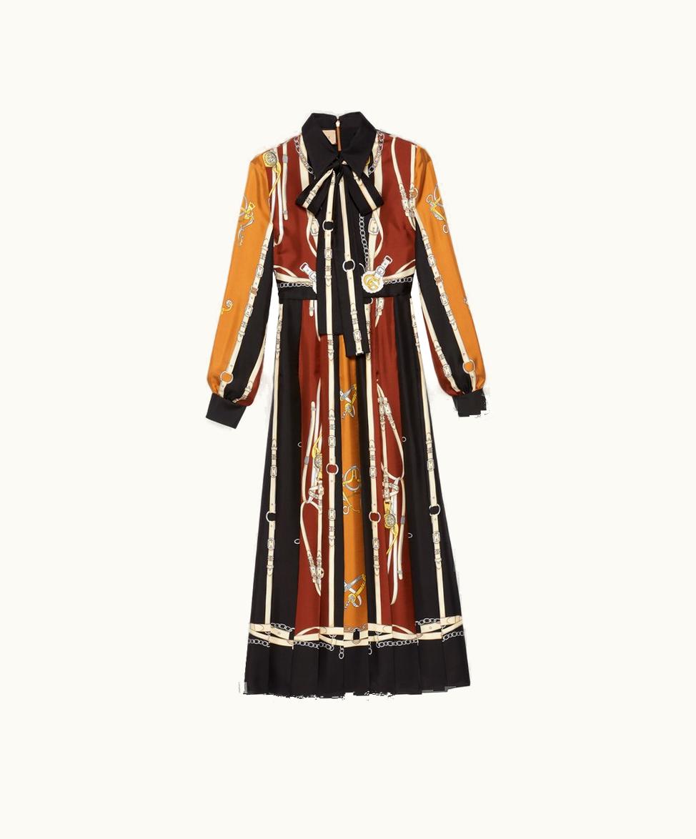 Gucci Equestrian Print Silk Dress Black, Dark Brown And Brown