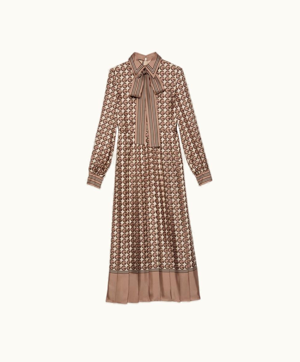 Gucci Round G Print Silk Dress Light Brown And Ivory