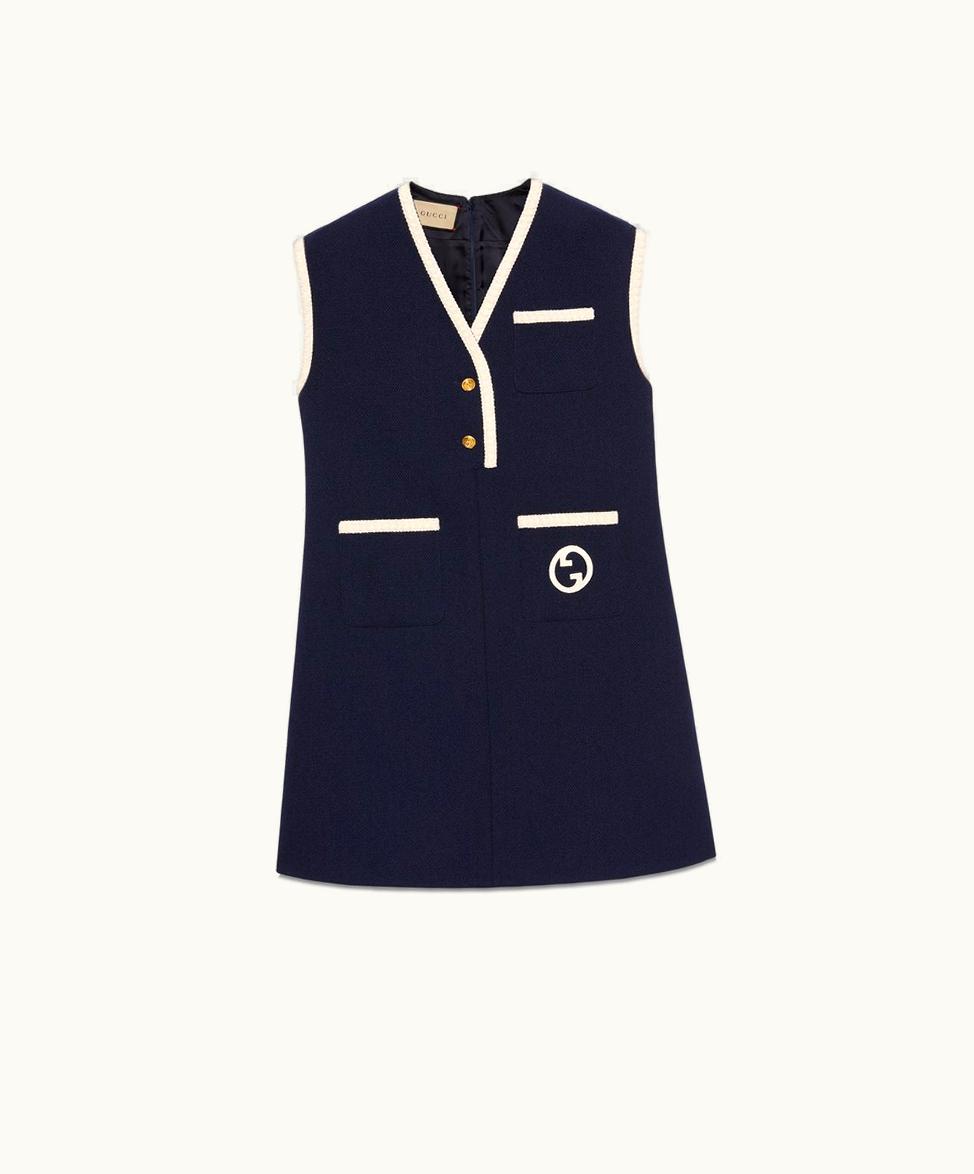 Gucci Retro Tweed Mini Dress With Interlocking G Dark Blue