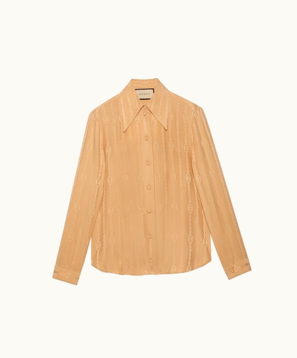 Gucci Interlocking G Chain Silk Jacquard Shirt Beige