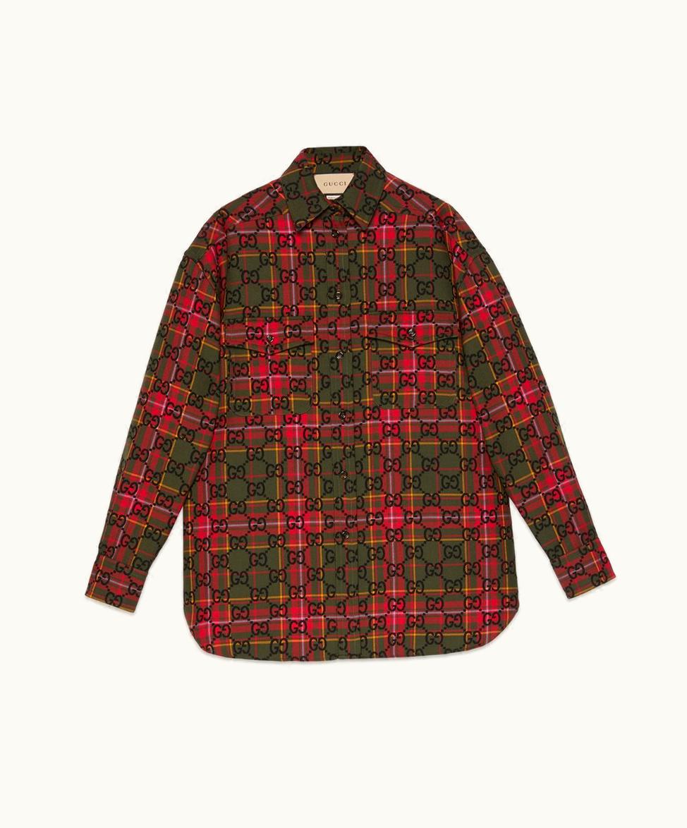 Gucci GG Tartan Wool Shirt Green And Red