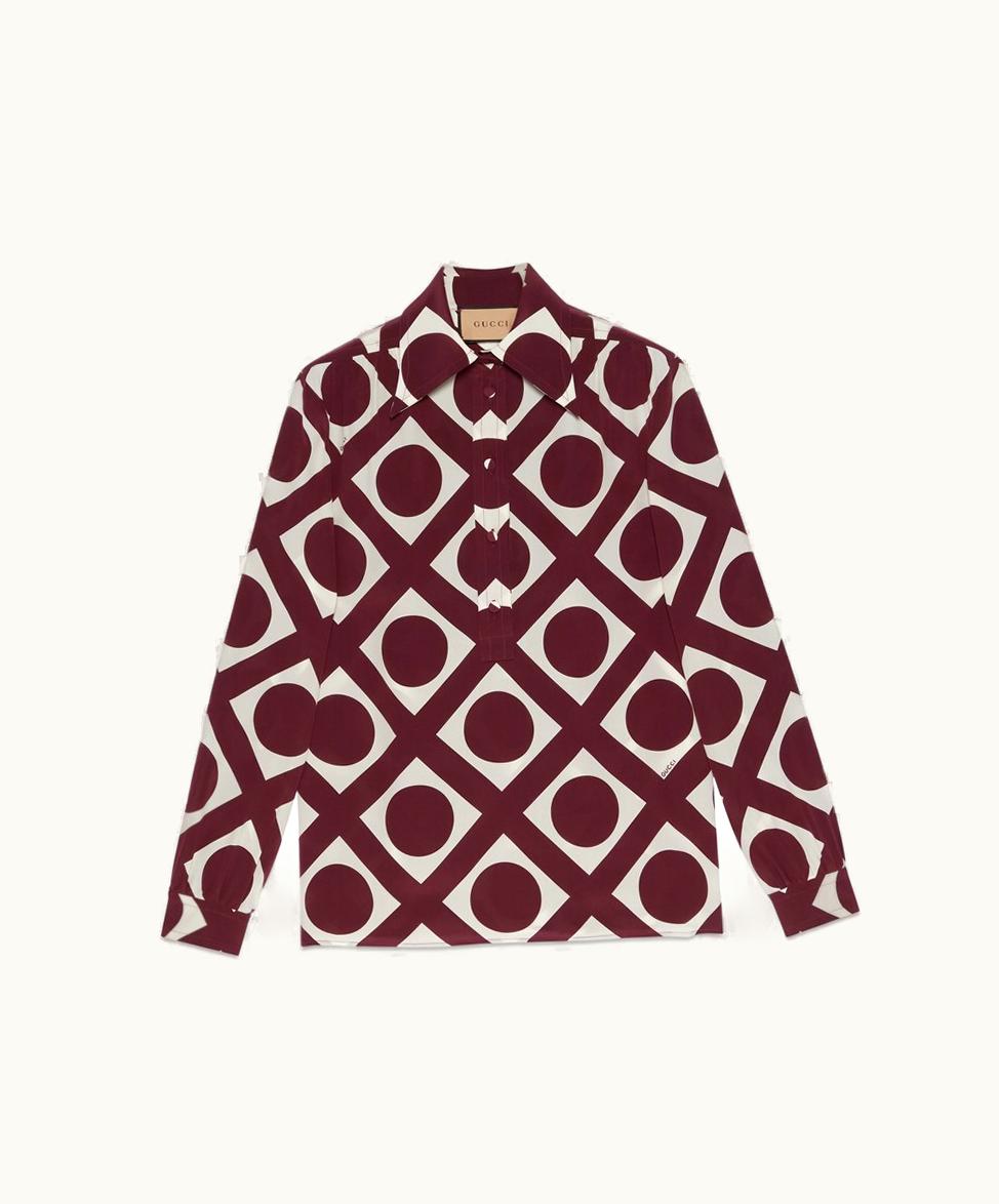 Gucci Optical Print Silk Shirt Dark Red And Ivory