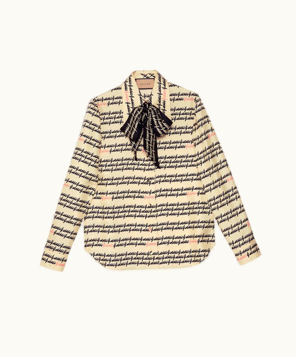 Gucci Script Print Silk Shirt Ivory And Black