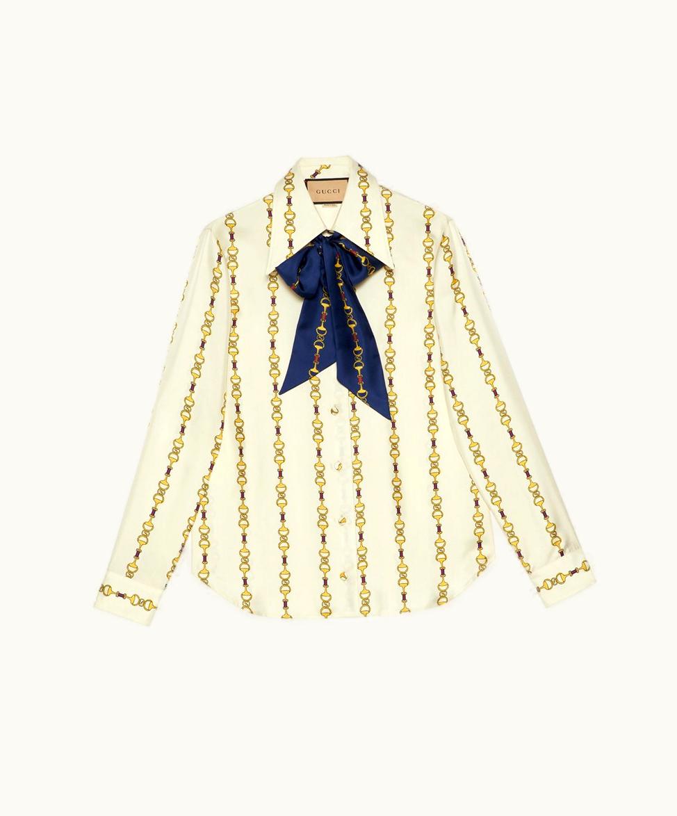 Gucci Pre-Fall 2023 Interlocking G Horsebit Print Silk Shirt Ivory