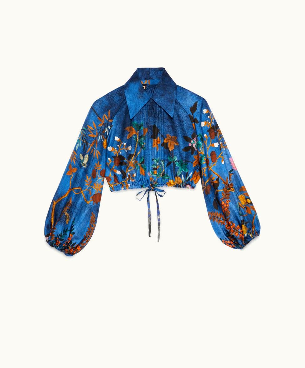 Gucci Tian Print Silk Twill Top Dark Blue