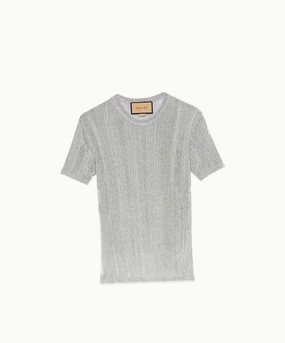 Gucci Fine Lamé Rib Knit Top Metallic Silver