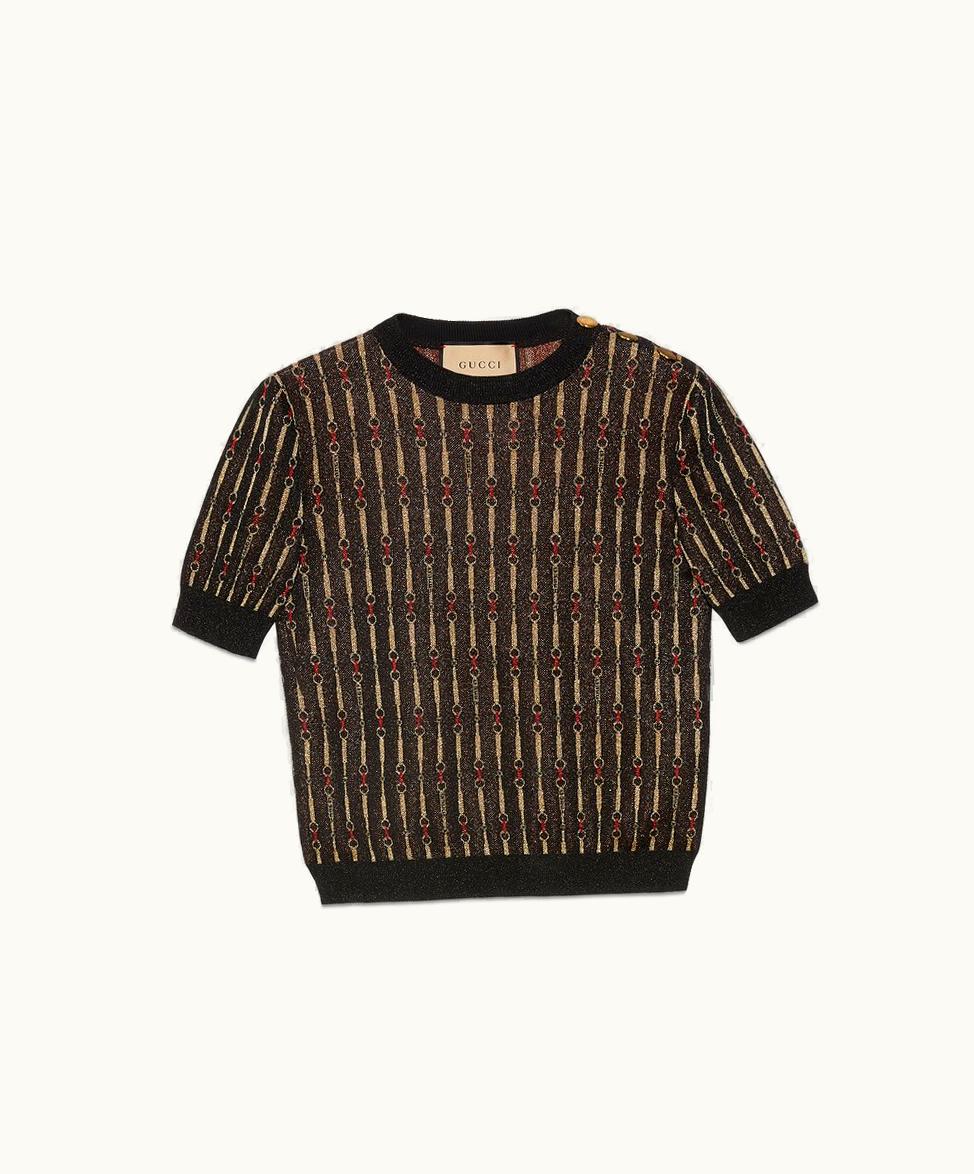 Gucci Lamé Horsebit Viscose Jacquard Top Black And Multicolour