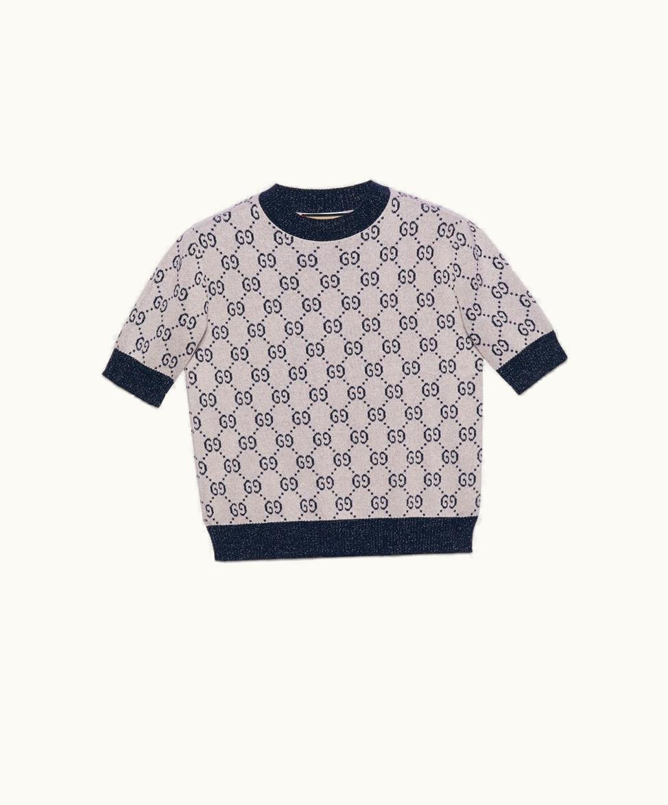Gucci GG Lamé Jacquard Top Ivory And Blue