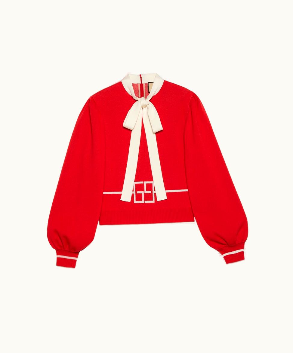 Gucci Square GG Wool Jacquard Knit Top Red And Ivory