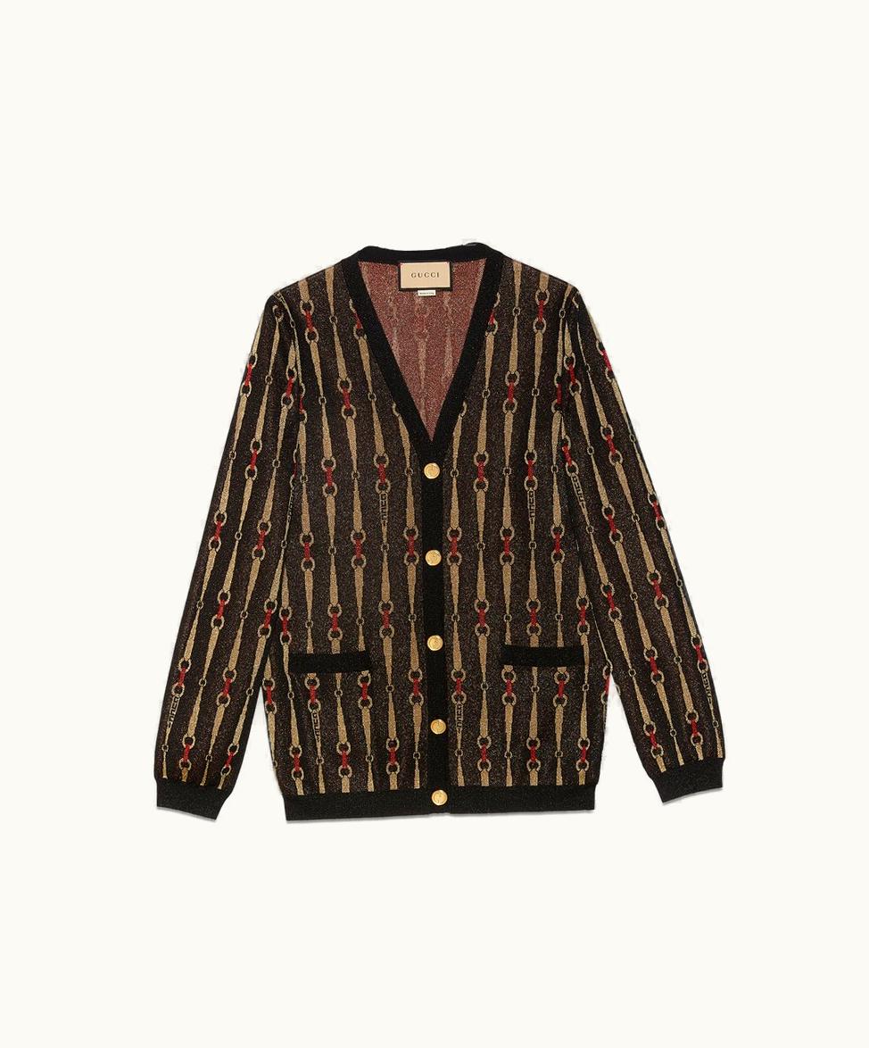 Gucci Lamé Horsebit Jacquard Cardigan Black And Multicolour